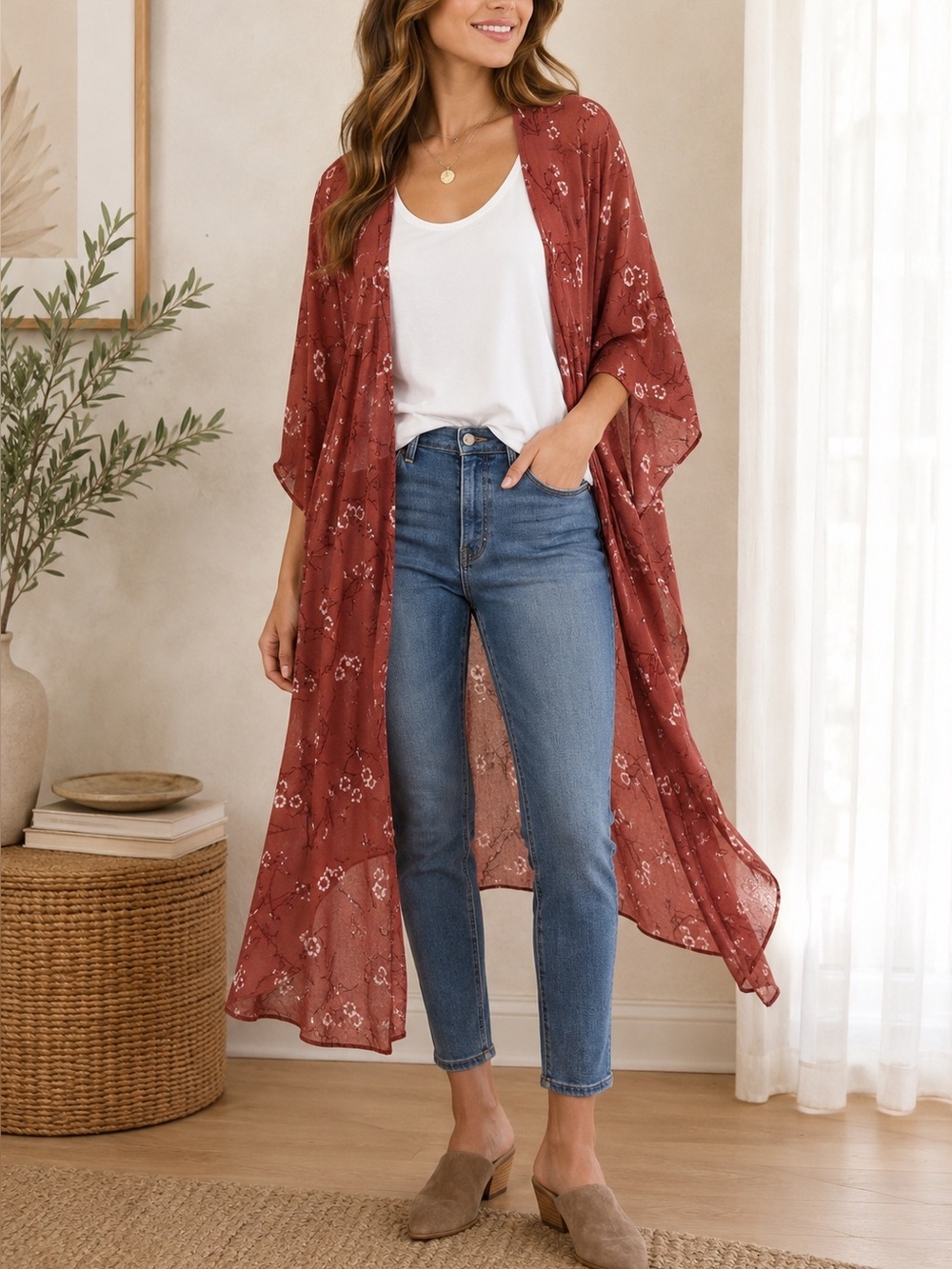 Treasure & Bond Rust Floral Long Kimono Duster Boho Cardigan Cover Up OS